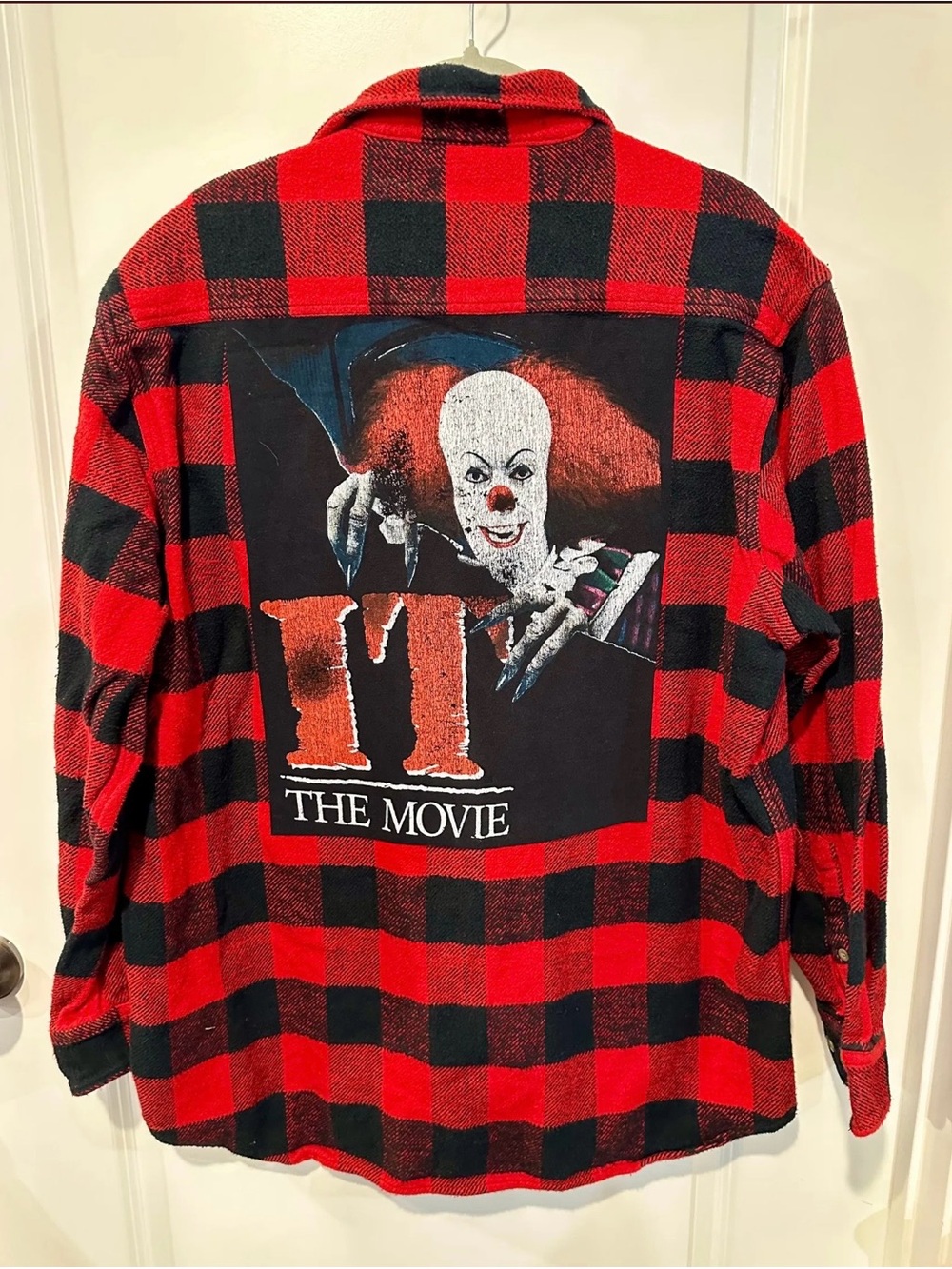 PENNYWISE IT movie spooky horror HALLOWEEN upcycled, thick flannel shirt, XLT